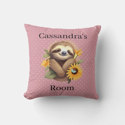 Roze Cute Luiaard Met Zonnebloemen Kussen (Voorkant)