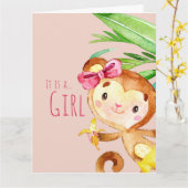 Roze Cute Monkey Baby Meisje Aankondiging (Gele Bloem)