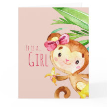 Roze Cute Monkey Baby Meisje Aankondiging