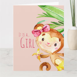 Roze Cute Monkey Baby Meisje Aankondiging