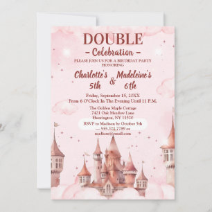 Roze Cute Princess Kasteel Gezamenlijke Verjaarda Kaart