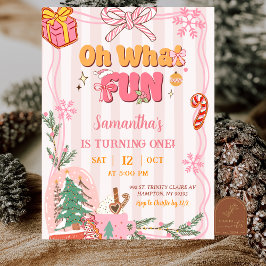 Roze Cute Retro Kerst Winter 1e Verjaardag Kaart