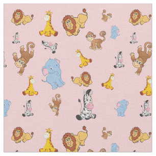 roze Cute safari dierpatroon - Giraffe, olifant Stof