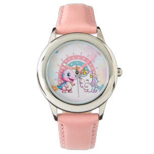 Roze Cute Unicorn-dinosauriërs regenboog Verjaarda Horloge