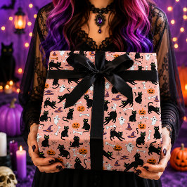 Roze Cute Zwarte Kat Geest Pompoen Halloween Cadeaupapier