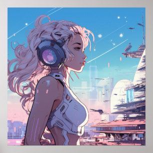 Roze Cyber Meisje - Manga Stijl Poster