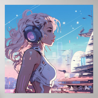 Roze Cyber Meisje - Manga Stijl Poster