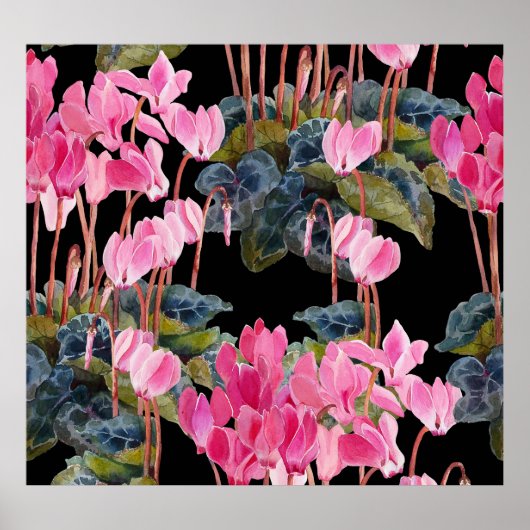 Roze Cyclamen: donkere bloemige Waterverf Poster (Voorkant)