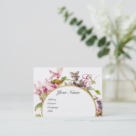 ROZE CYCLAMENS ROMANTISCH BLOEMMONOGRAM, Wit Visitekaartje (Staand voorkant)