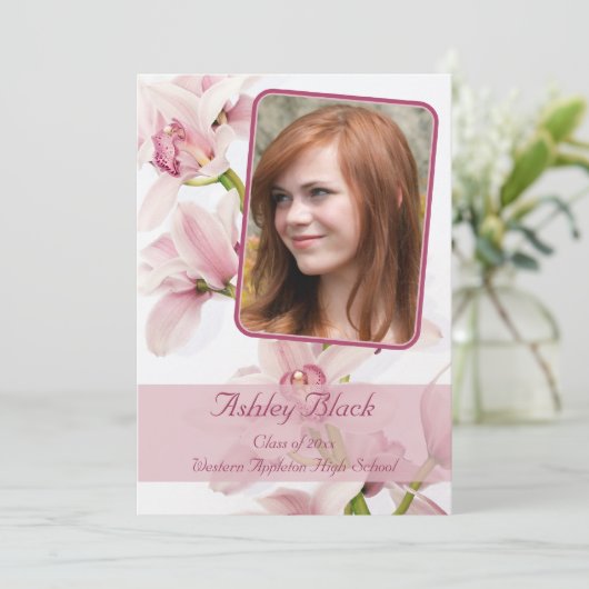 Roze Cymbidium Orchid Foto Afstuderen Uitnodiging (Staand voorkant)