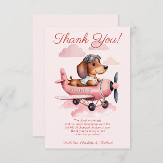 Roze Dachshund Plane Baby shower Bedankkaart (Voorkant / Achterkant)