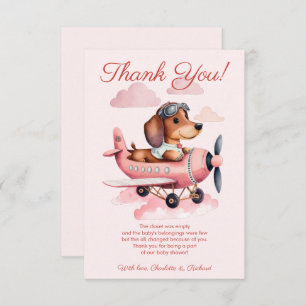 Roze Dachshund Plane Baby shower Bedankkaart