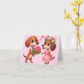 Roze Dachshund Vouwkaart Kaart (Gele Bloem)