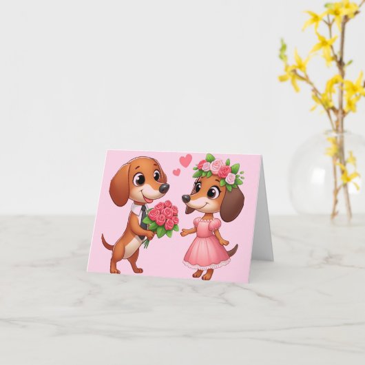 Roze Dachshund Vouwkaart Kaart (Gele Bloem)