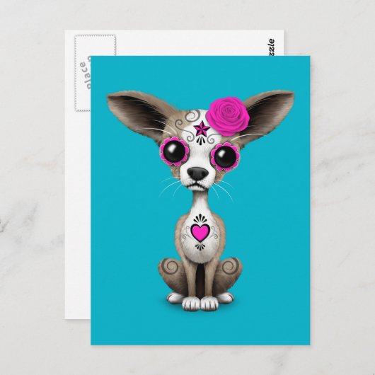 Roze dag van de dode suikerschedel Chihuahua Puppy Briefkaart (Voorkant / Achterkant)