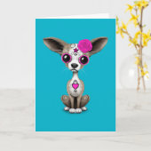 Roze Dag van de Dode Suikerschedel Chihuahua Puppy Kaart (Gele Bloem)