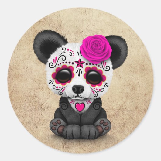Roze Dag van de Dode Suikerschedel Panda Aged Ronde Sticker (Voorkant)