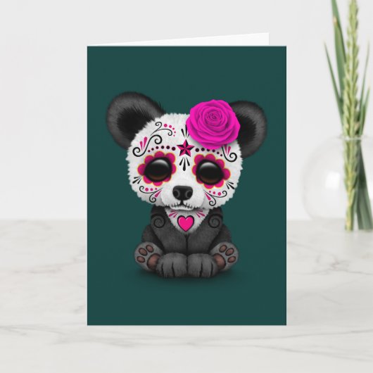 Roze Dag van de Dode Suikerschedel Panda op Blauwg Kaart (Voorkant)