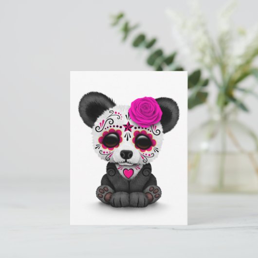 Roze dag van de dode suikerschedel Panda op wit Briefkaart (Staand voorkant)