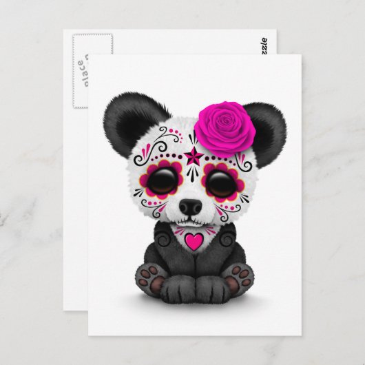 Roze dag van de dode suikerschedel Panda op wit Briefkaart (Voorkant / Achterkant)