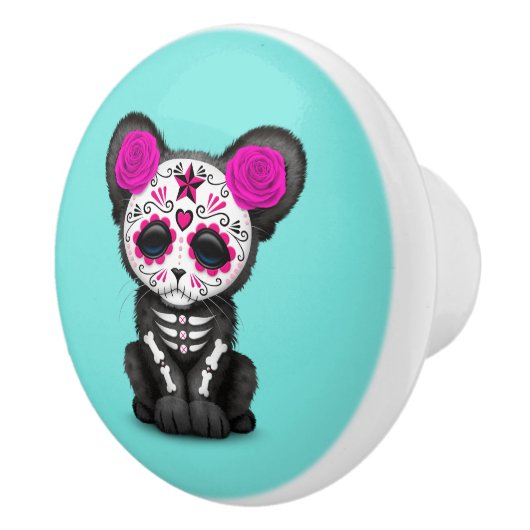 Roze dag van de dode zwarte panterkrab keramische knop (Rechts)