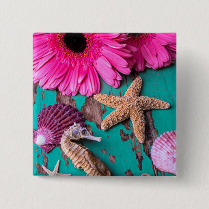 Roze dagen en zeepaardjes met zeepstaarten vierkante button 5,1 cm
