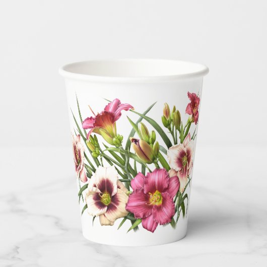 Roze Daglelies Bloemen Botanische Kunst Papieren Bekers (Achterkant)