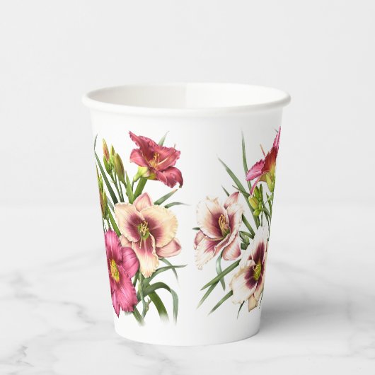 Roze Daglelies Bloemen Botanische Kunst Papieren Bekers (Links)