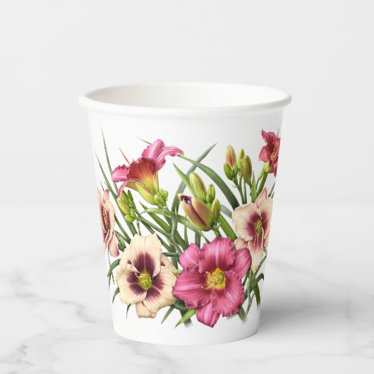 Roze Daglelies Bloemen Botanische Kunst Papieren Bekers (Voorkant)