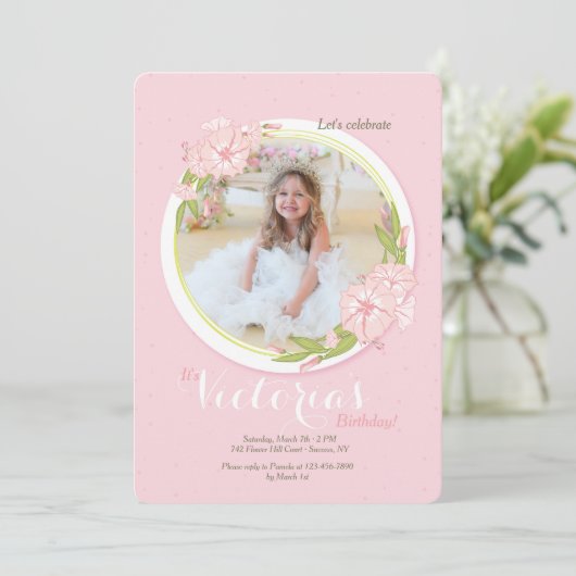 Roze Dagwinde Foto Uitnodiging (Staand voorkant)