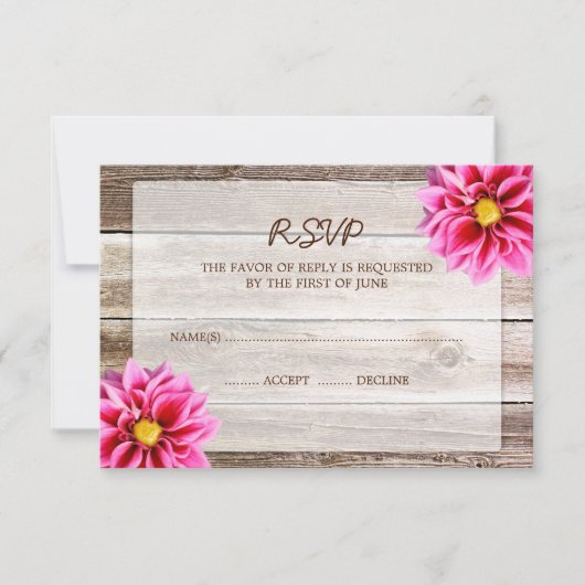 Roze Dahlia Barn Wood Wedding RSVP-reactiekaart RSVP Kaartje (Voorkant)