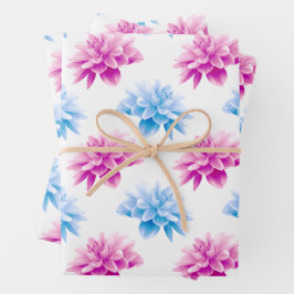 Roze dahlia, blauwe dahla, bloemmotief, bloemen inpakpapier vel