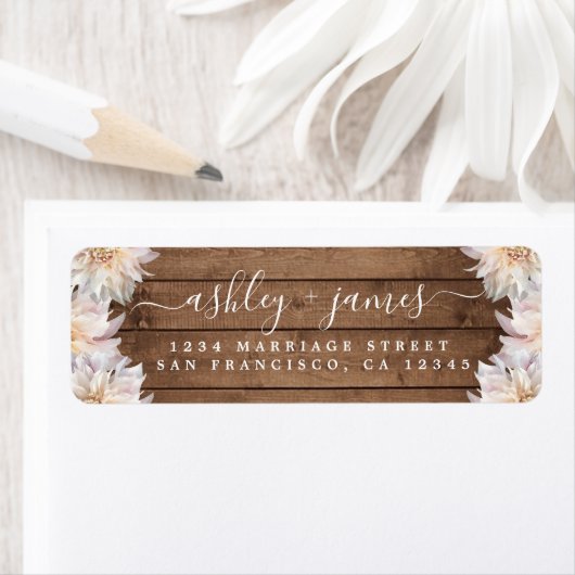 Roze Dahlia Bloem Landelijke Houten Retouradres Etiket (Insitu)