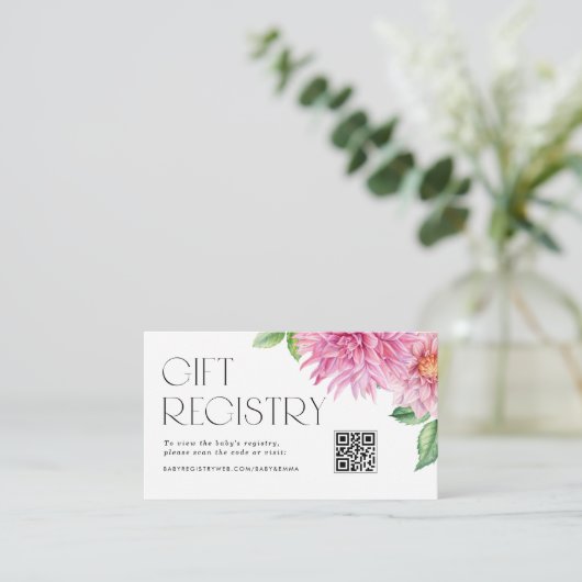 Roze Dahlia Bloem QR Code Baby Shower Cadeaulijst Informatiekaartje (Staand voorkant)