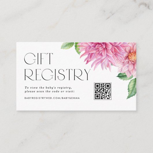 Roze Dahlia Bloem QR Code Baby Shower Cadeaulijst Informatiekaartje (Voorkant)