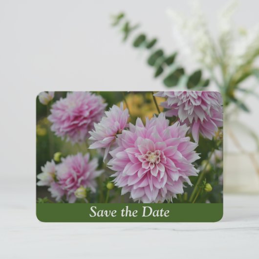 Roze Dahlia Bloemen bij RHS Garden Verrassing Verj Save The Date (Staand voorkant)