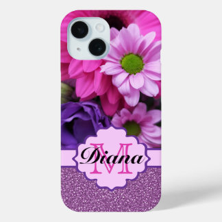 Roze Dahlia Bloemen Paarse Glitter Bloemen Naam iPhone 15 Case