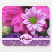 Roze Dahlia Bloemen Paarse Glitter Bloemen Naam Muismat (Voorkant)