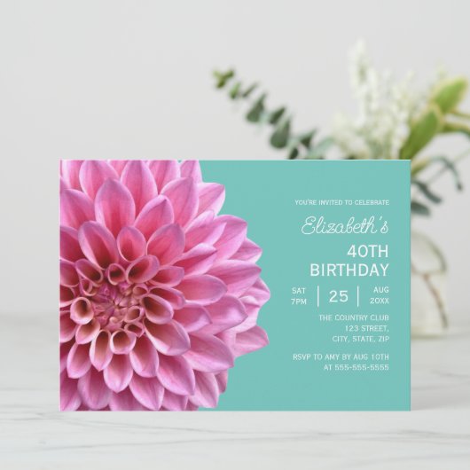 Roze Dahlia Bloemen Turquoise 40ste verjaardag Kaart (Staand voorkant)