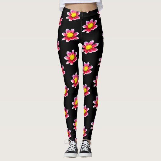 Roze Dahlia bloemenprint Zwarte Leggings (Voorkant)