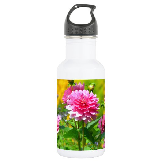 Roze dahlia-bloemtuin waterfles (Voorkant)