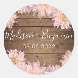 Roze Dahlia Flower Rustic Wood Weddenschap Datum Ronde Sticker