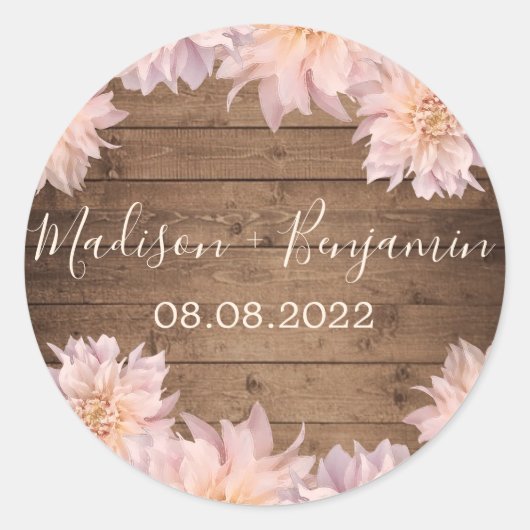 Roze Dahlia Flower Rustic Wood Weddenschap Datum Ronde Sticker (Voorkant)