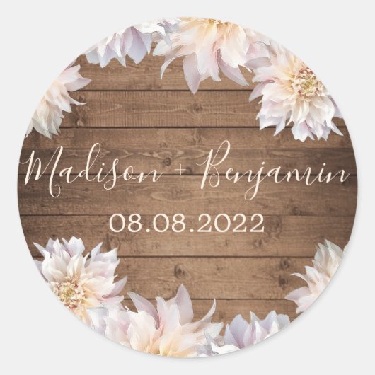 Roze Dahlia Flower Rustic Wood Weddenschap Datum Ronde Sticker (Voorkant)