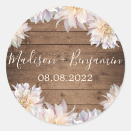 Roze Dahlia Flower Rustic Wood Weddenschap Datum Ronde Sticker
