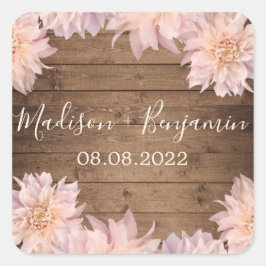 Roze Dahlia Flower Rustic Wood Weddenschap Datum Vierkante Sticker