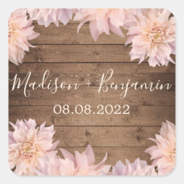 Roze Dahlia Flower Rustic Wood Weddenschap Datum Vierkante Sticker