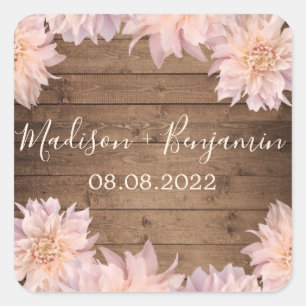 Roze Dahlia Flower Rustic Wood Weddenschap Datum Vierkante Sticker