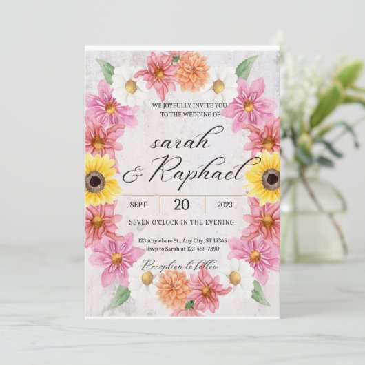 Roze Dahlia lijst Waterverf bruiloft Kaart (Staand voorkant)