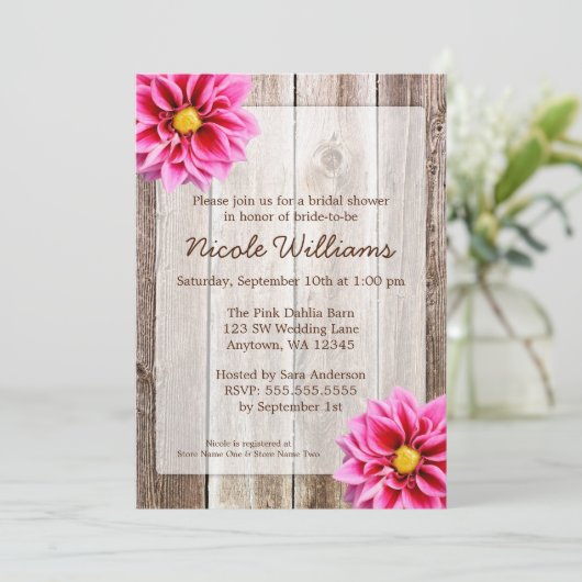 Roze Dahlia Rustic Barn Wood Vrijgezellenfeest Kaart (Staand voorkant)